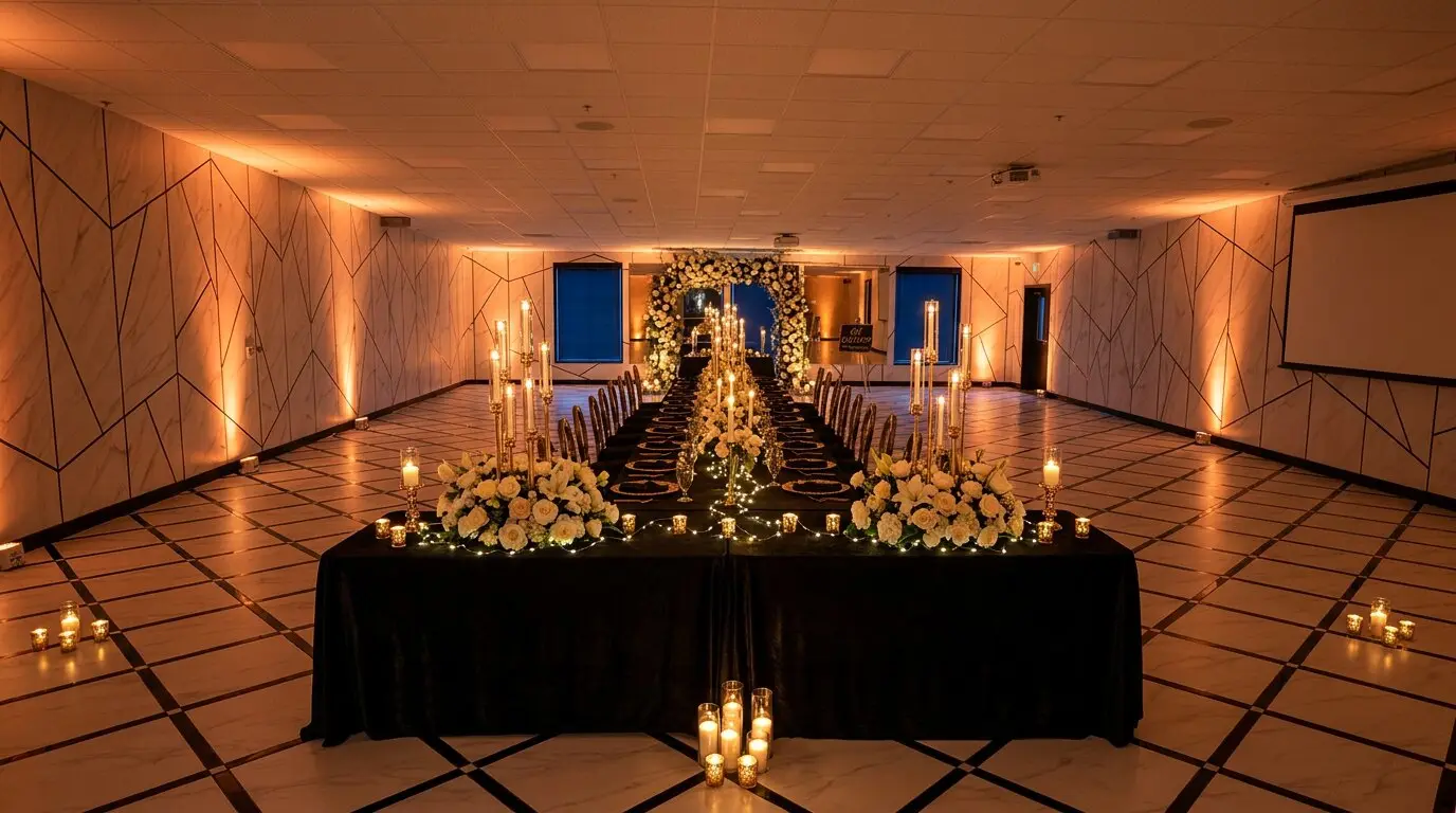 Styled concept of a candlelit dinner in The Marble Room
